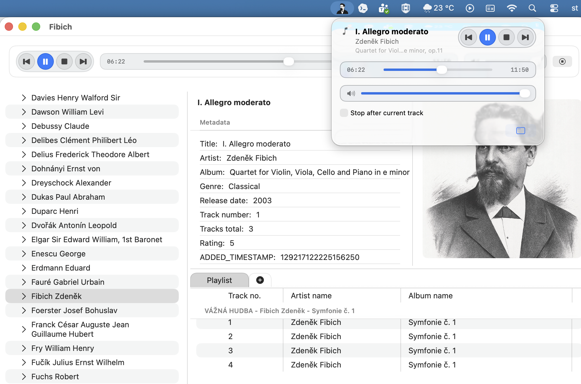 Fibich interface showing album artwork