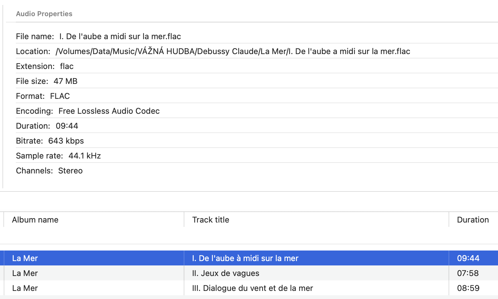 Fibich audio file properties view