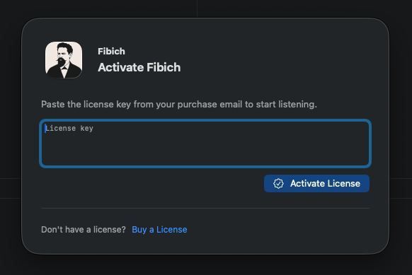 Fibich license activation interface