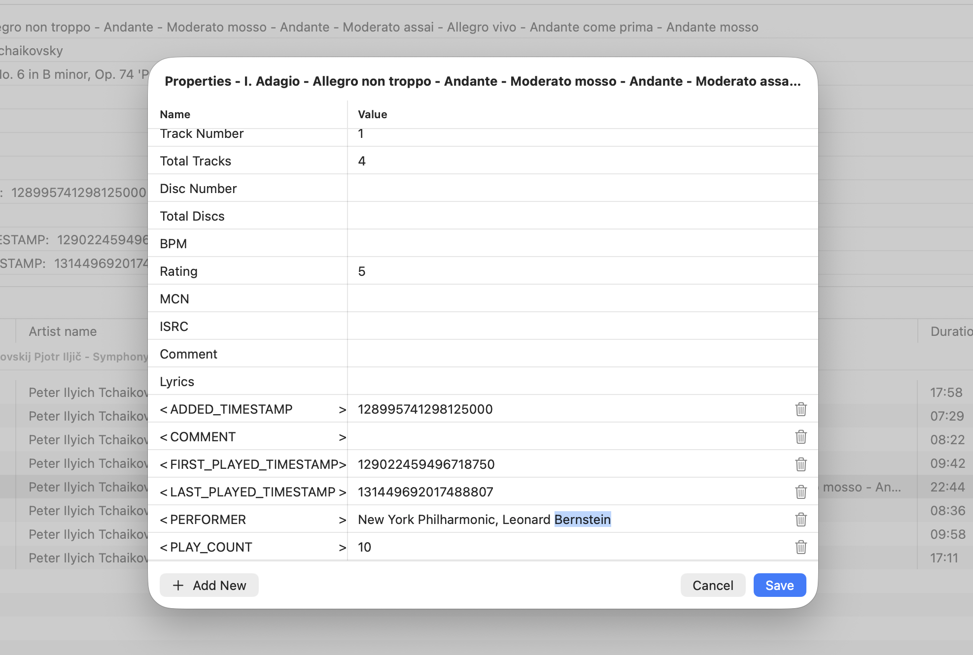 Fibich metadata editor sheet for editing track tags