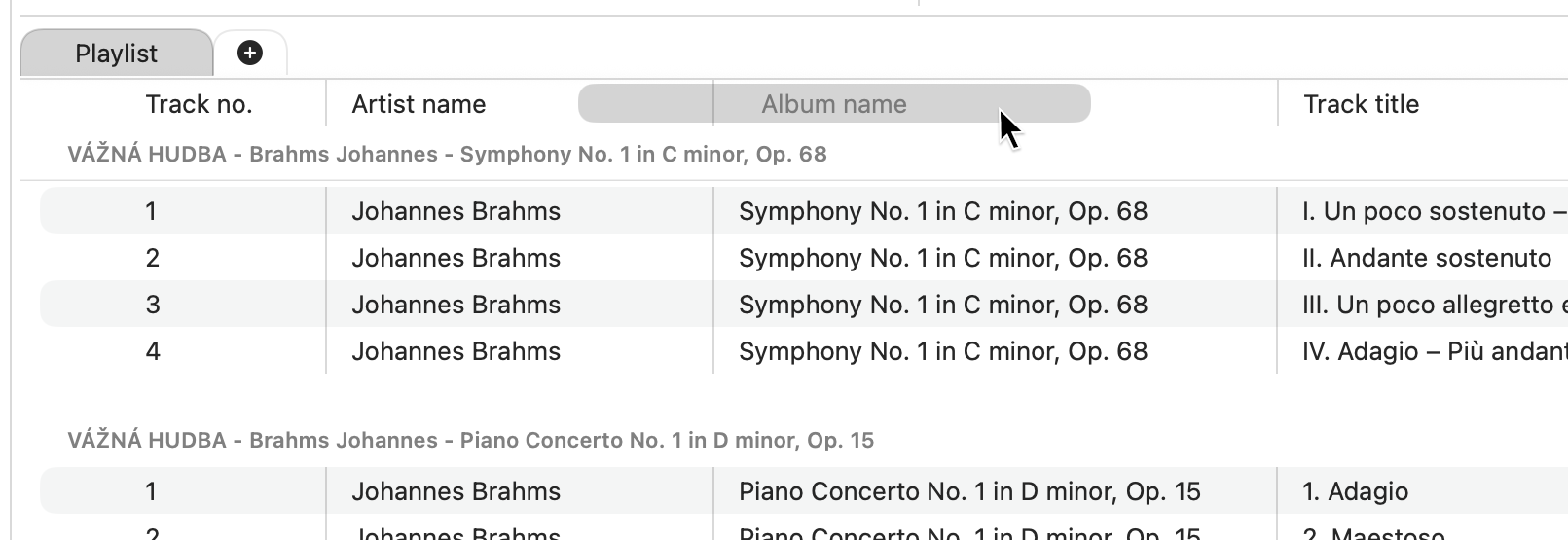 Fibich playlist header with draggable metadata columns